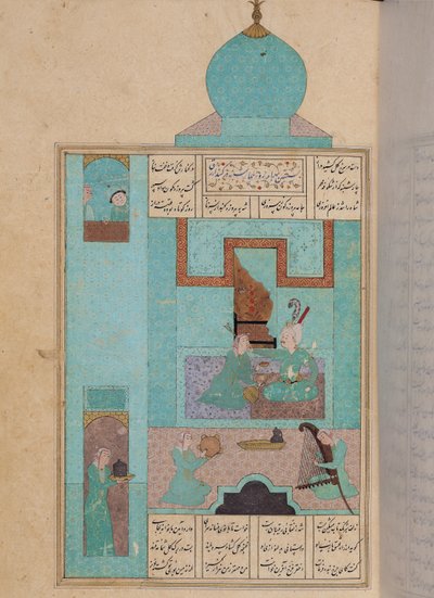 Ms D-212 fol.216a Bahram bezoekt een prinses in het Turkoois Paviljoen, illustratie bij 